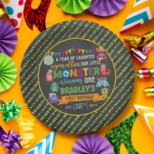 Assiettes En Carton Little Monster Chalkboard 1ère fête d'anniversaire