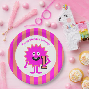 Assiettes En Carton Little Monster Girl 1er Anniversaire Pink Stripes 