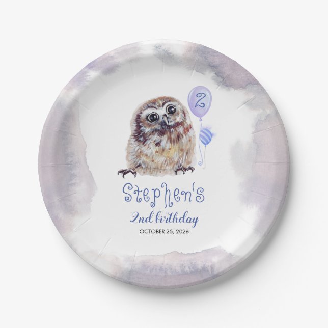 Assiettes En Carton Little Owl Cute Blue Anniversaire (Devant)