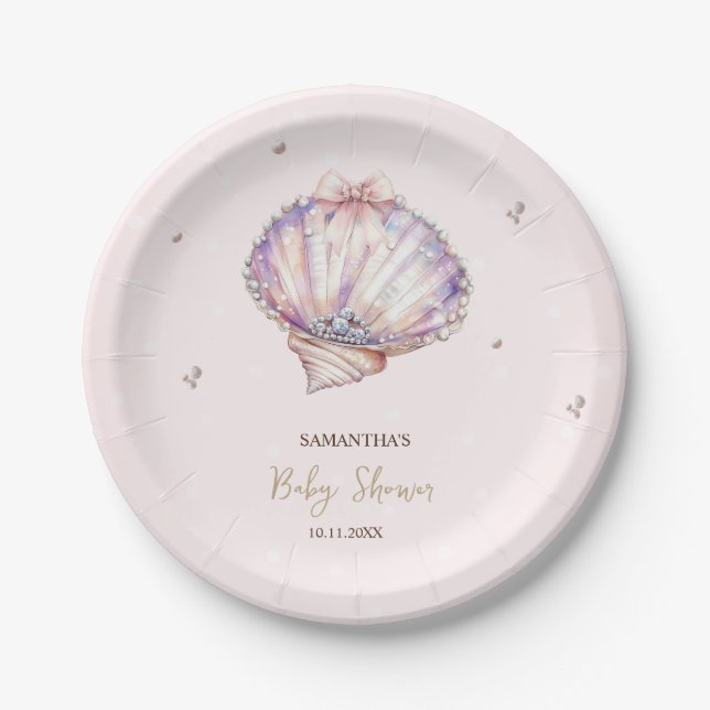 Assiettes En Carton Little Pearl Seashells Diamonds Dots Baby Shower (Devant)