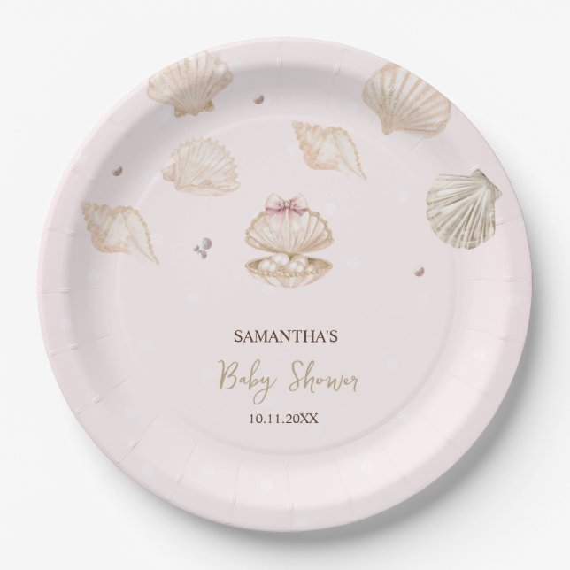 Assiettes En Carton Little Pearl Seashells Dots Baby Shower (Devant)