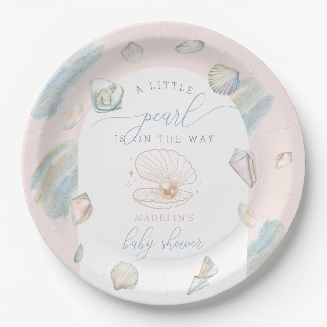 Assiettes En Carton Little Pearl Seashells Ocean Beach Baby shower (Devant)