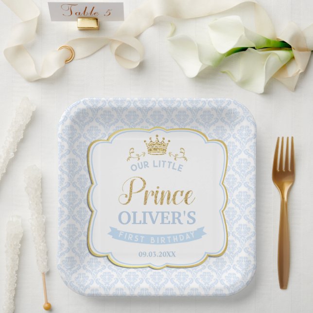 Assiettes En Carton Little Prince Blue Damask Gold Crown 1er anniversa (Mariage)