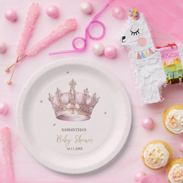 Assiettes En Carton Little Princess Crown Pearls Dots Baby Shower (Fête)