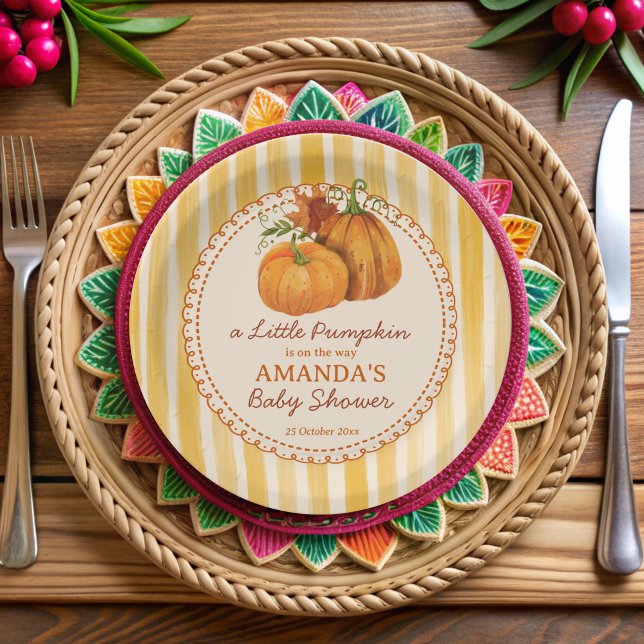 Assiettes En Carton Little pumpkin retro stripes baby shower monogram (Little pumpkin retro yellow stripes fall baby shower monogrammed paper plates personalized decor)