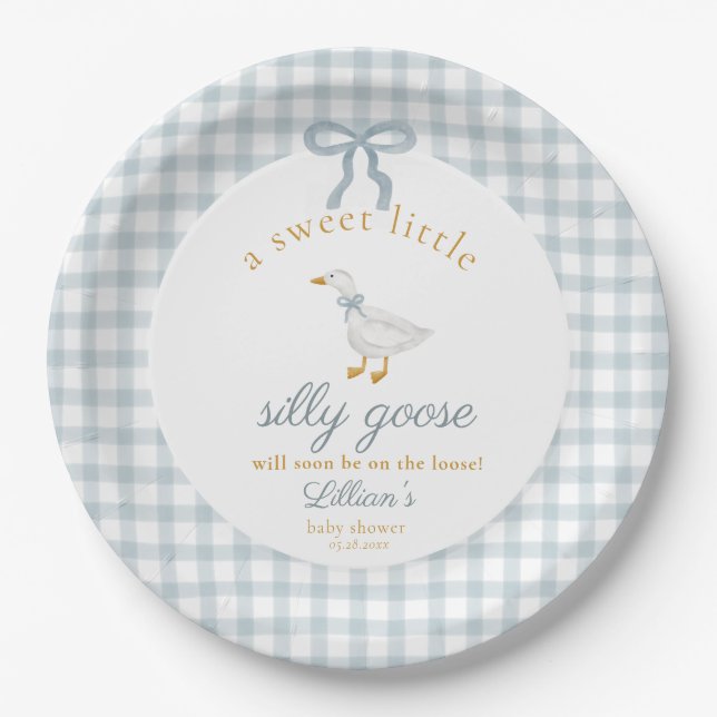 Assiettes En Carton Little Silly Goose Bow Baby Shower Blue Gingham  (Devant)