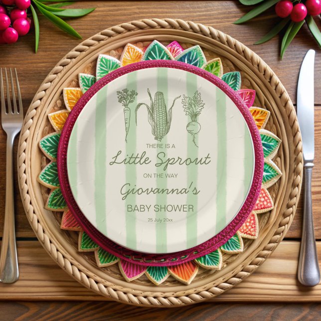 Assiettes En Carton Little sprout is on the way stripped Baby Shower (Little sprout is on the way retro green stripes Baby Shower monogrammed Paper Plates)
