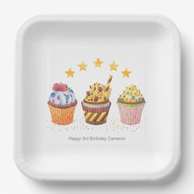 Assiettes En Carton Little Sweetie Watercolor Cupcakes fête d'annivers (Recto)