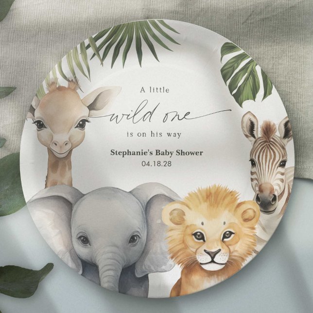 Assiettes En Carton Little Wild One Safari Animaux Baby Boy Douche (A little Wild One is on her way, Safari animal baby boy shower party paper plates.)