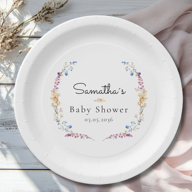 Assiettes En Carton Little Wildflower Boho Dream - Baby Shower (Little Wildflower Boho Dream - Custom Baby Shower Paper Plates with your Name & Date.)