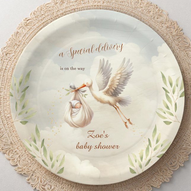 Assiettes En Carton Livraison spéciale Baby shower de cigogne neutre p (Special Delivery Gender Neutral Stork Baby Shower Paper Plates)