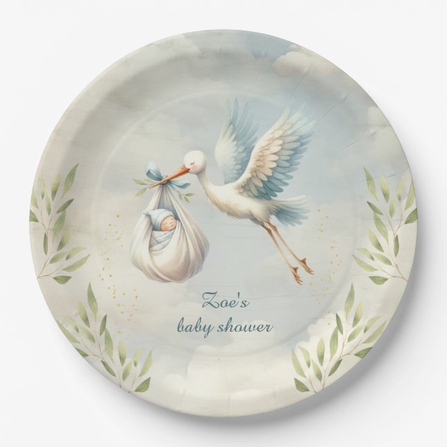 Assiettes En Carton Livraison spéciale Vintage Stork Boy Baby shower (Devant)