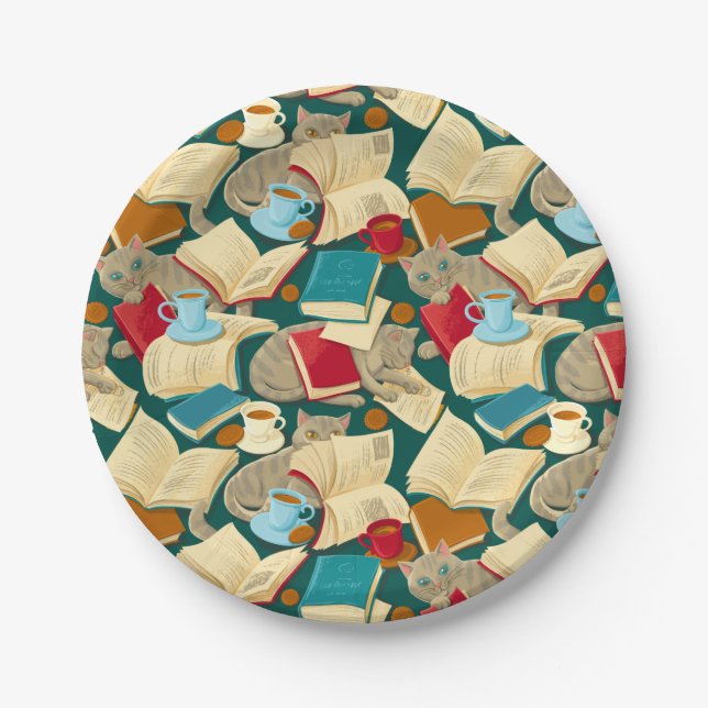 Assiettes En Carton Livres et chats (Devant)