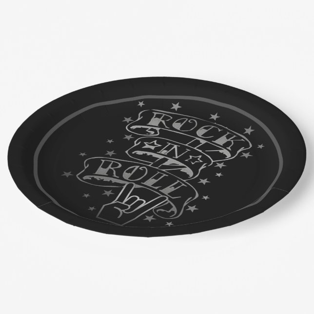Assiettes En Carton Logo Black & Silver Rock & Roll (Angle)