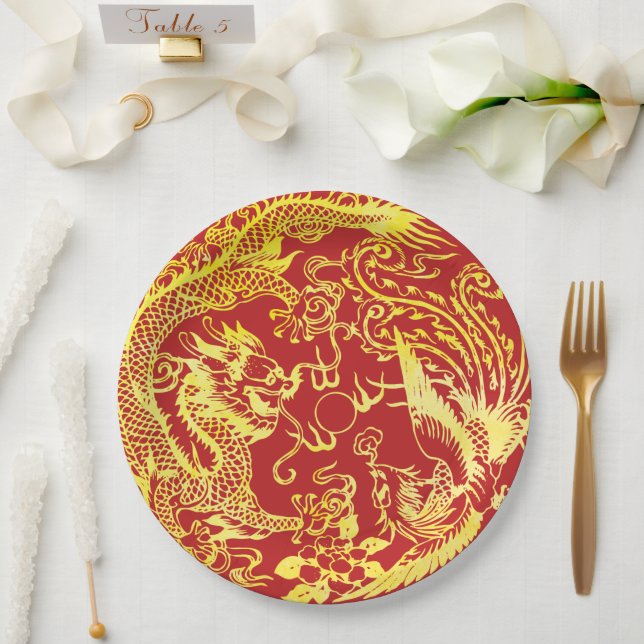 Assiettes En Carton Logo du mariage chinois Dragon phoenix (Mariage)