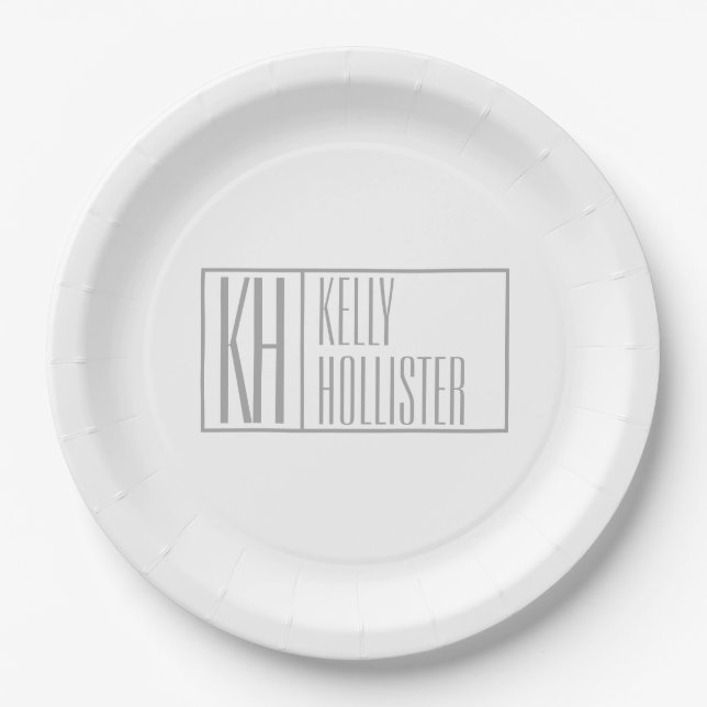 Assiettes En Carton Logo Moderne Grey Initiales & Nom (Devant)