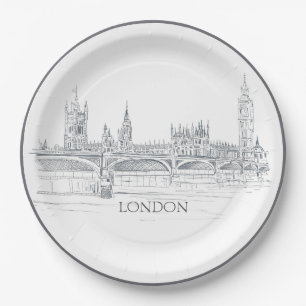 Assiettes En Carton Londres Skyline Avec Big Ben Blue Ink Sketch