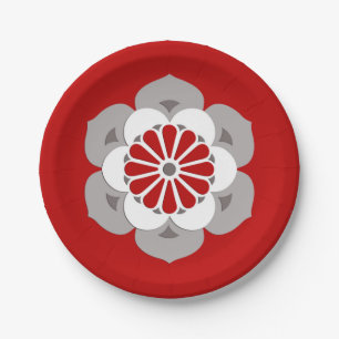 Assiettes En Carton Lotus Flower Mandala, rouge foncé, gris et blanc