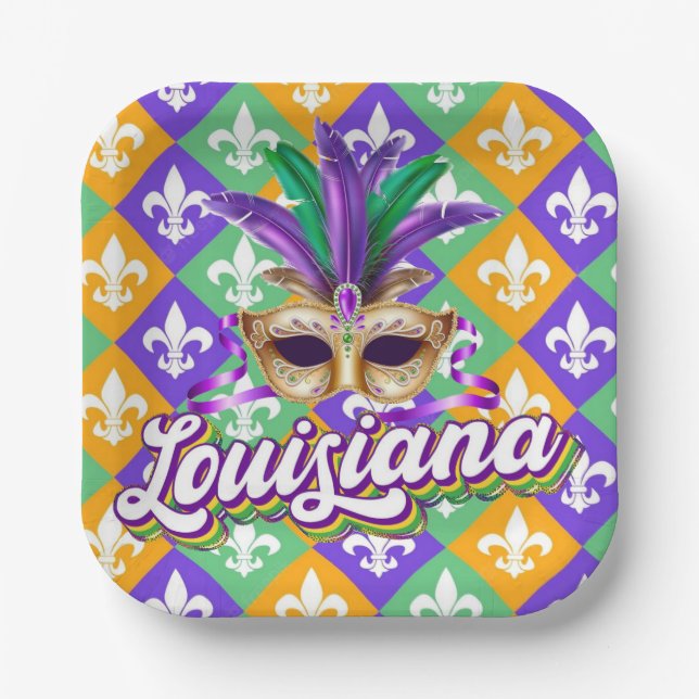 Assiettes En Carton Louisiane Mardi Gras Mask Fleur de Lis (Recto)