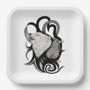 Assiettes En Carton Loup blanc avec art tribal coréen