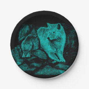 Assiettes En Carton Loup et corbeau dans la nuit