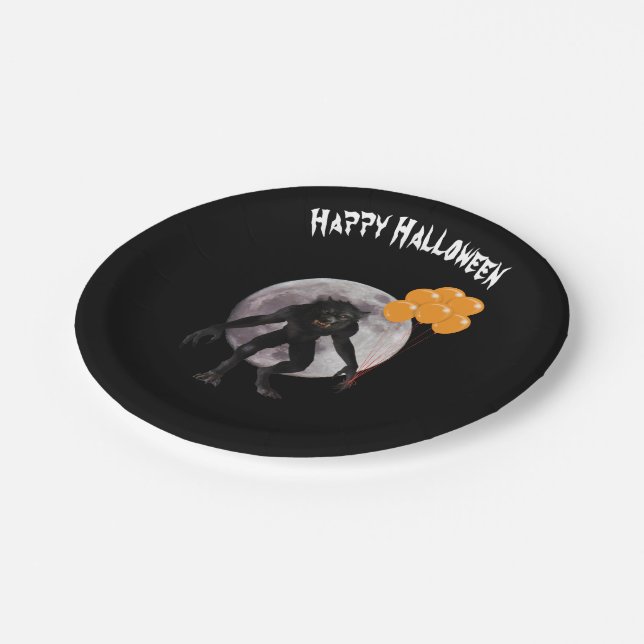 Assiettes En Carton Loup-garou de Halloween avec des ballons (Angle)