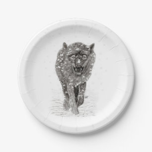 Assiettes En Carton Loup noir en colère dans la neige, hiver sauvage