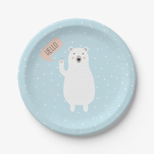 Assiettes En Carton L'ours blanc mignon dans la neige indique bonjour
