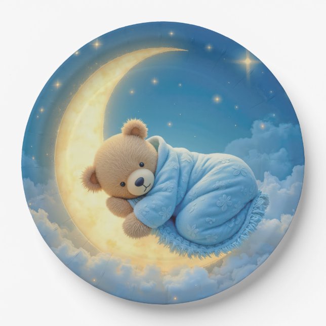 Assiettes En Carton L'ours en peluche dort sur la lune (Devant)