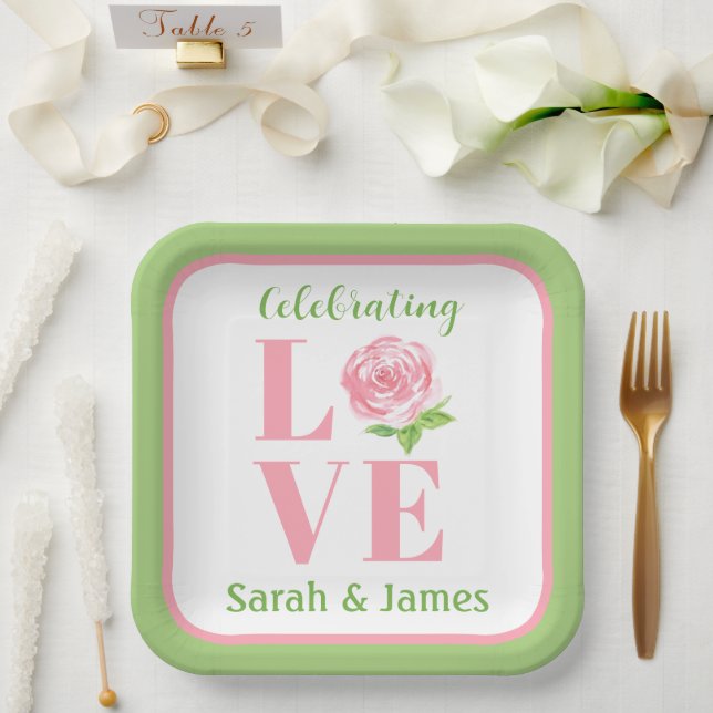 Assiettes En Carton LOVE Aquarelle Rose NOM Mariage Vert (Mariage)