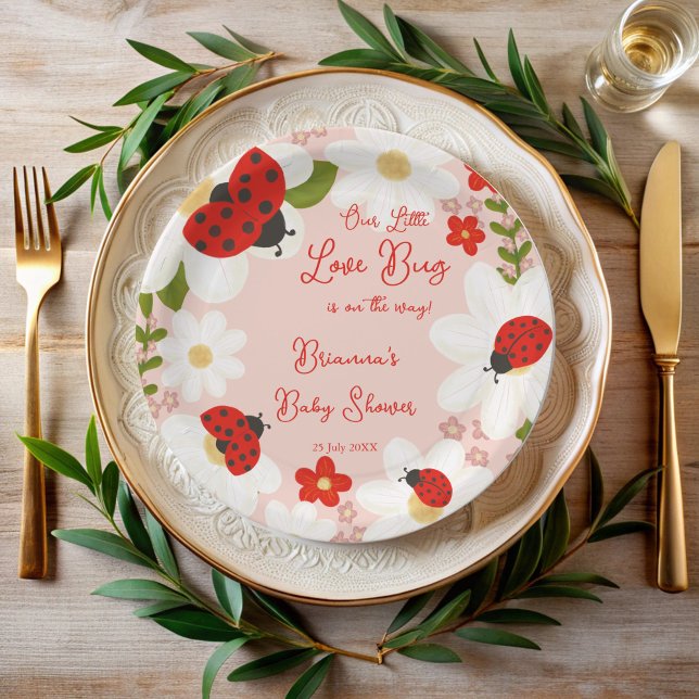 Assiettes En Carton Love bug mignon baby shower ladybug monogrammed (Love bug cute ladybug baby shower monogrammed paper plates personalized ladybug table decor)