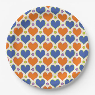 Assiettes En Carton Love Hearts & motif Pois en Blue & Orange