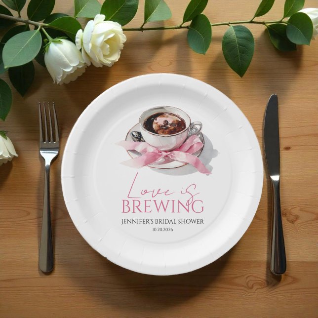 Assiettes En Carton Love Is Brewing Café Pink Bow Shower de Mariage (Créateur téléchargé)