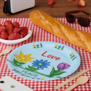 Assiettes En Carton Love Peace Garden Fleurs Blanc