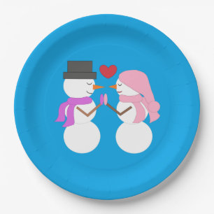 Assiettes En Carton Love & Snowpeople - Bleu-vert : Fête de Noël