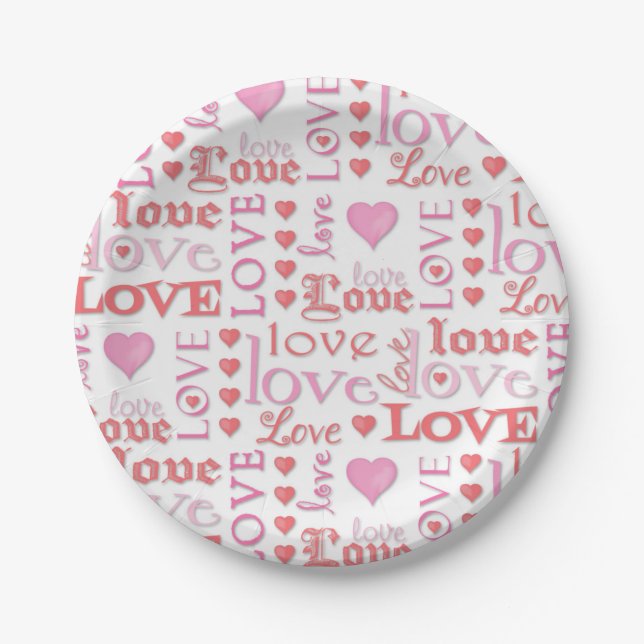Assiettes En Carton Love Valentine's Day Hearts Typographie Rouge rose (Devant)