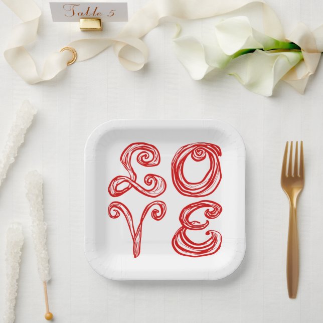 Assiettes En Carton LOVE Word Art Fabric Font Rouge Lettres (Mariage)