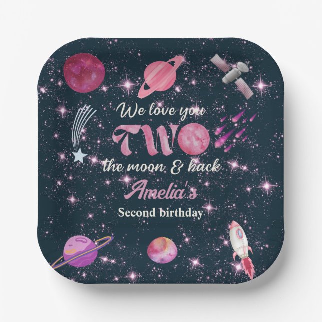 Assiettes En Carton Love You Two The Moon Girls Pink 2nd Birthday (Recto)