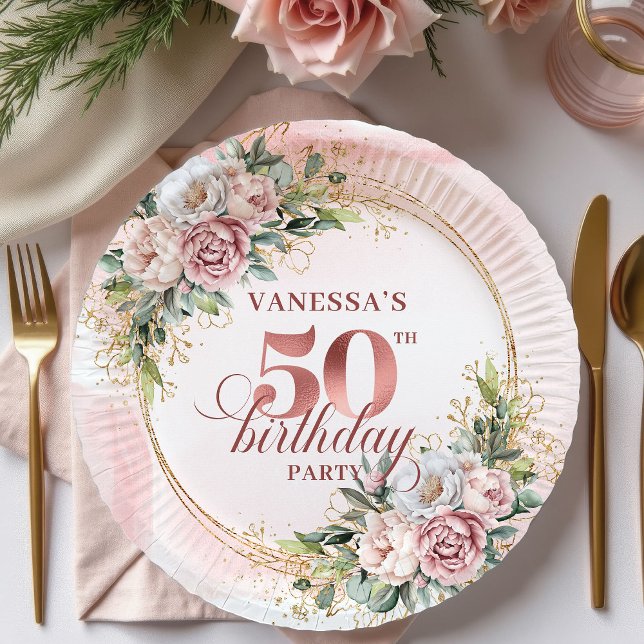 Assiettes En Carton Lovely Rose Gold White Peonies 50th Birthday Party (Lovely Rose Gold White Peonies 50th Birthday Celebration Plates

)