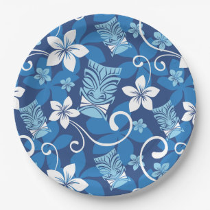 ASSIETTES EN CARTON LUAU TIKI MOTIF (BLEU CLAIR)