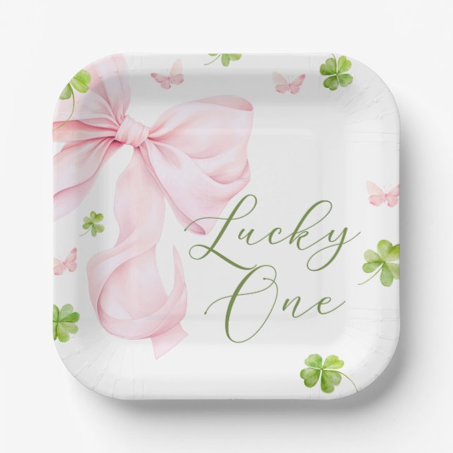 Assiettes En Carton Lucky One Pink Bow 1st Birthday (Recto)