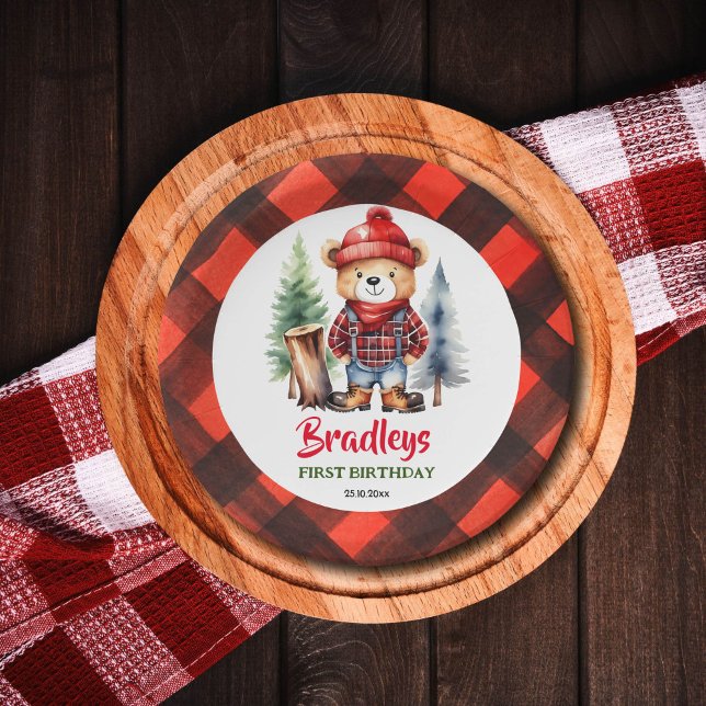 Assiettes En Carton Lumberjack partie vaisselle joli ours en peluche (Lumberjack party plates cute little lumberjack teddy bear in clothes and boots log fir trees)
