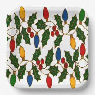 Assiettes En Carton Lumières de Noël et houx en cloisonné d'art
