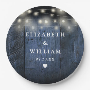 Assiettes En Carton Lumières Guirlande Bleues Mariage Rustique en Bois