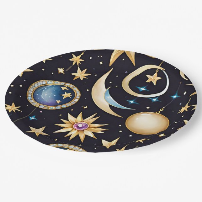 Assiettes En Carton Lune Et Étoiles Céleste (Angle)