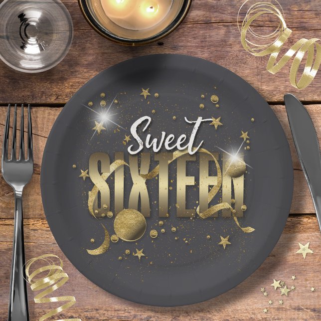 Assiettes En Carton Lune et étoiles Sweet 16 Gold/Blk ID788 (Créateur téléchargé)