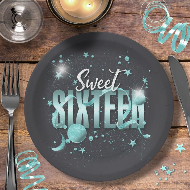 Assiettes En Carton Lune et étoiles Sweet 16 Turquoise/noir ID788 (Créateur téléchargé)
