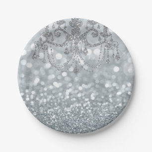 Assiettes En Carton Lustre Glamour Bokeh Pailleté Argenté Blanc Étince