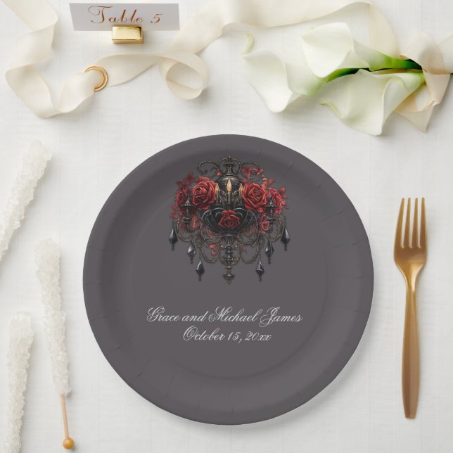 Assiettes En Carton Lustre gothique noir complexe avec Rose (Mariage)
