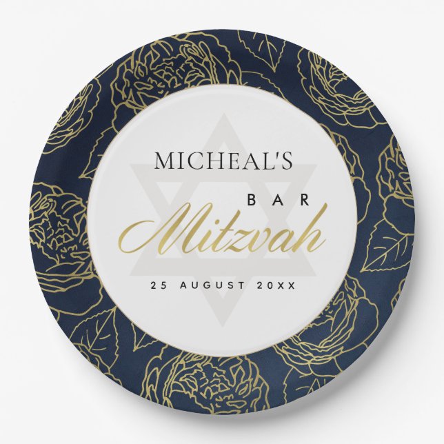 ASSIETTES EN CARTON LUX GOLD NAVY BLUE ROSE FLORAL BAR BAT MITZVAH (Devant)
